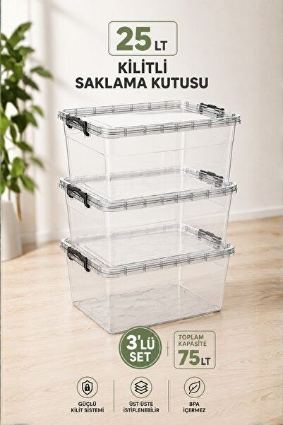 Aghilo Kilitli Saklama Kutusu 3'Lü Set 25 Ltx3= 75 LT – Kapaklı & Şeffaf Erza...