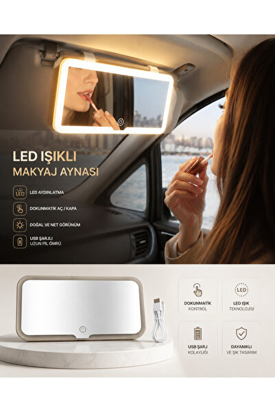 MIREVONA LED Işıklı Şarjlı 3 Renk Kademeli Araç Makyaj Aynası Şarjlı