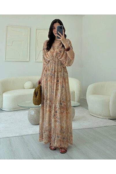 My Blog Brown Patterned Long Dress with Gipeli Waist - 3457