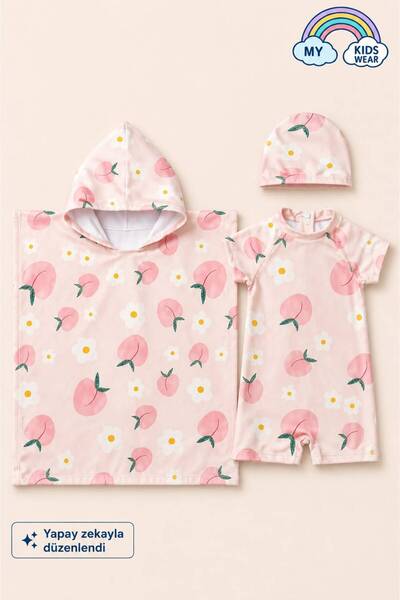 My Kids Wear Kız Çocuk Deniz Kombini 3’lü Set – Mayo, Havlu ve Bone 12583