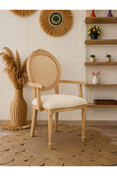 silla Kollu Madalyon Sandalye Teddy Krem Kumaş Oymalı Hasırlı Naturel Ahşap S...