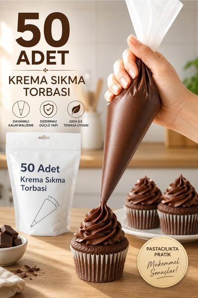 Kitchen Beauty 50 Adet Kullan At Krema Sıkma Torbası - Pasta, Kek, Krem Şanti Süsleme Poşeti, Hijyenik Set