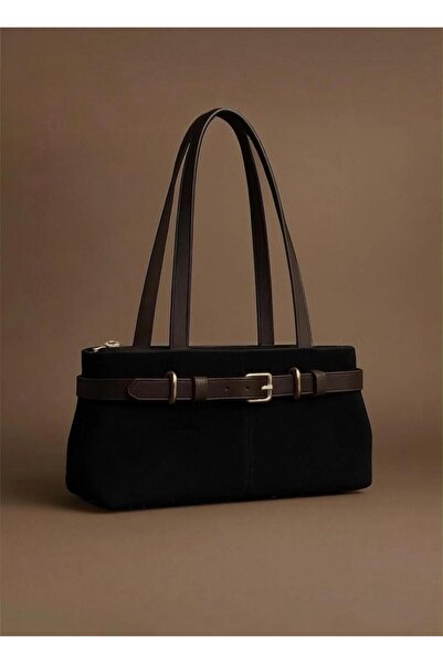 Katusa Women's Black Suede Shoulder Bag with Leather Belt