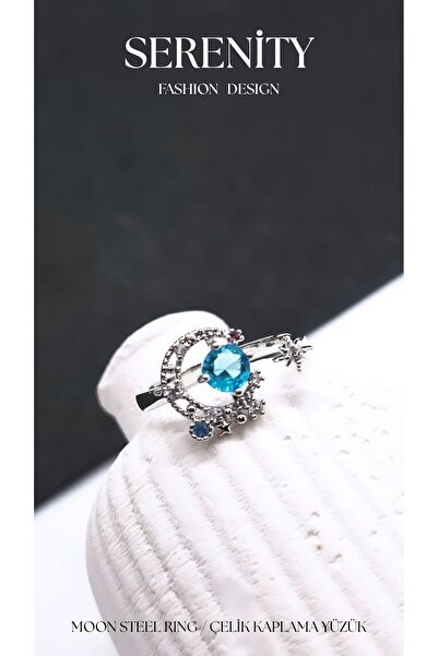 Serenity Blue Crescent Stone Steel Plated Ring