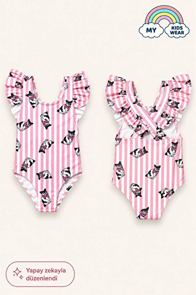 My Kids Wear Girl's Ruffle Detailed Stylish Design Cross Strap Swimsuit 12730