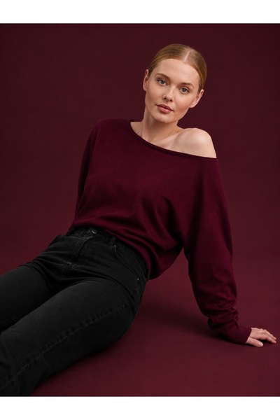 Gülce moda Women's Slim Mercerized Asymmetrical Cut Boat Neck Knitwear Sweater