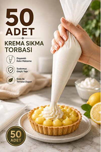 Kitchen Beauty 50 Adet Kullan At Krema Sıkma Torbası - Pasta, Kek, Krem Şanti Süsleme Poşeti, Hijyenik Set