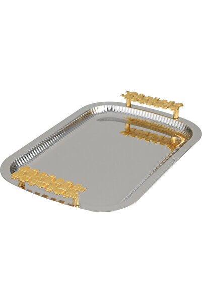 Alsaif Gallery Al Saif Gallery Stainless Steel Serving Tray, Gold Handle, 36X...