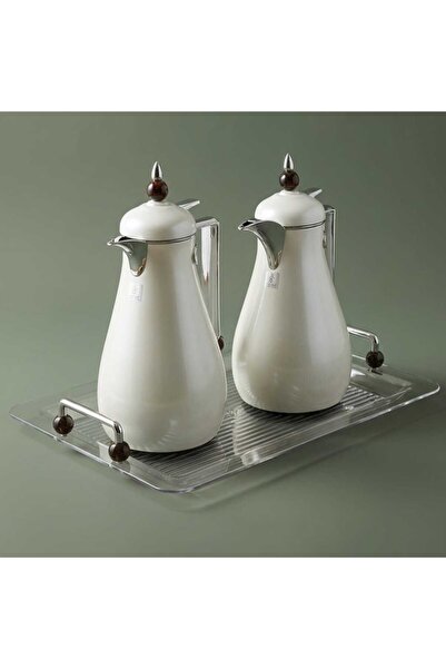 Alsaif Gallery Silver Pearl Crystal Thermos Set With Brown Acrylic Ball Topper