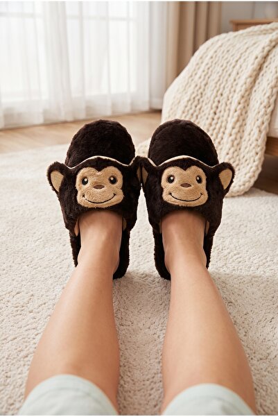 StWenn Women's Plush House Slippers Cute Monkey Patterned Winter Warm Closed-...