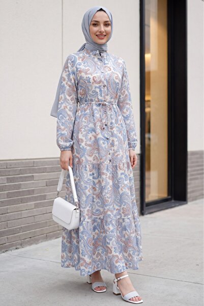 Modamorfo Hakim Collar Half Buttoned Mixed Patterned Polycotton Dress with El...