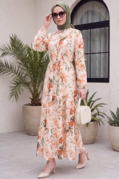 Modamorfo Hakim Collar Half Buttoned Mixed Patterned Polycotton Dress with El...