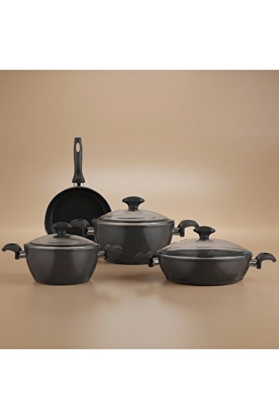 Alsaif Gallery Falez Turkish Granite Cookware Set, 7 Pieces, Glass Lid - Dark...