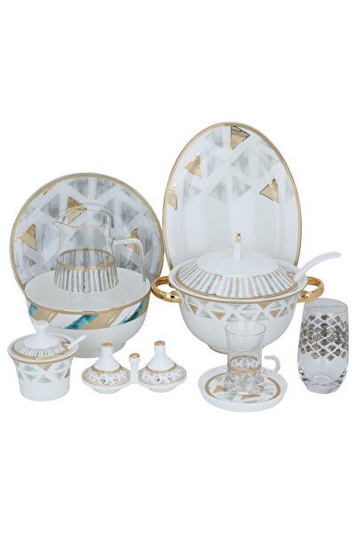 Alsaif Gallery Al Saif Gallery Porcelain Dinner Set, 62 Pieces - White Gold