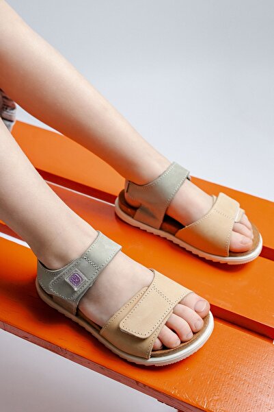 mnpc Unisex Çocuk Sarı-Su Yeşili Hakiki Deri Mantar Tabanlı Günlük Çocuk Sand...