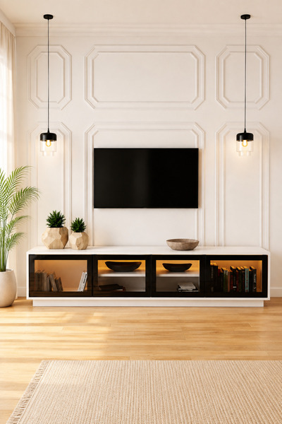 Evdemo Frame 4 Kapaklı Raflı Ledli Tv Ünitesi Beyaz