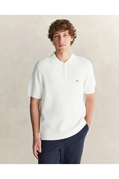 Gant Erkek Beyaz Regular Fit Yarım Fermuarlı Kısa Kollu Triko