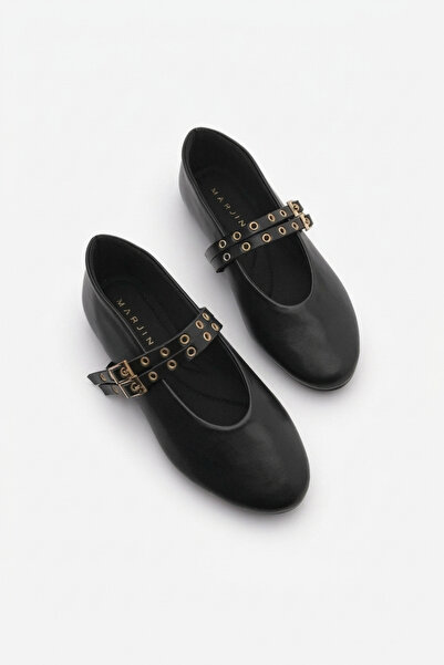 Marjin Women's Double-Strap Studded Casual Ballet Flats Bekosa Black