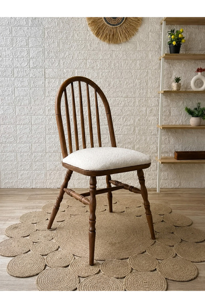 silla Motifli Ada Sandalye Teddy Krem Kumaş Ceviz Ahşap Sandalye