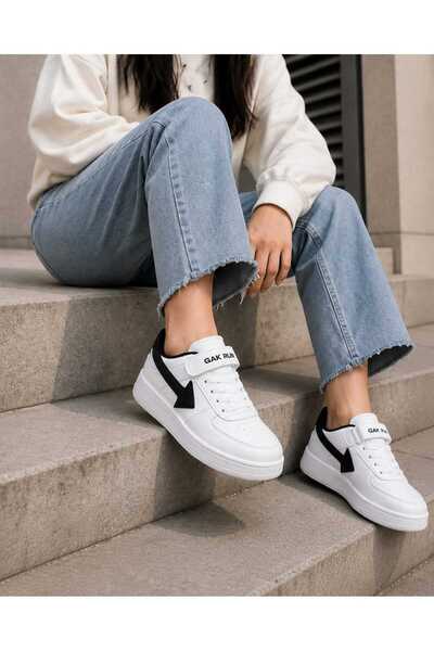 GAK RUN Beyaz Siyah Cırtlı Unisex Günlük Sneaker Spor Ayakkabı