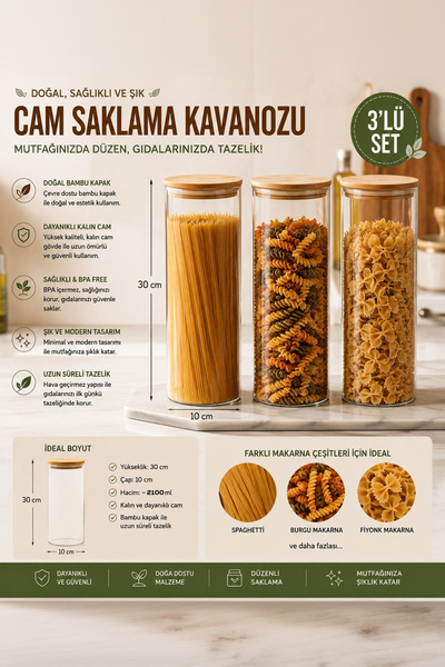 Porsima 4-3 Bambu Vakumlu Kapaklı Yuvarlak Borosilikat Cam 3lü Kavanoz Seti S...
