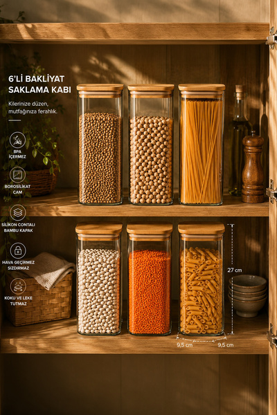 Porsima 7-3 Bambu Vakumlu Kapaklı Kare Borsilikat Cam 6lı Kavanoz Seti Saklam...
