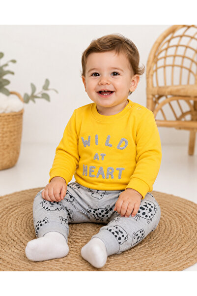 Mou&Kou Wild at Heart Patterned 100% Cotton Combed Cotton Baby Sweatshirt Pan...