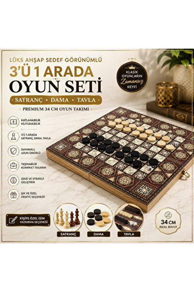 e-life shop Lüks Ahşap Sedef Görünümlü Katlanabilir 3’ü 1 Arada Satranç Dama ...