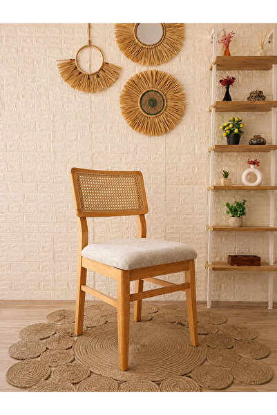 silla Lizbon Sandalye Teddy Krem Kumaş Hasırlı Naturel Ahşap Sandalye