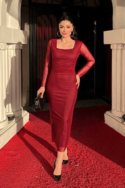 giyimmasalı Tulle Fabric Gather Detailed Pencil Dress - Straight Burgundy