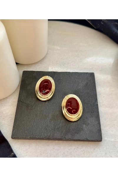 Merishe Jewerly Gold Burgundy Enamel Vintage Stud Earrings
