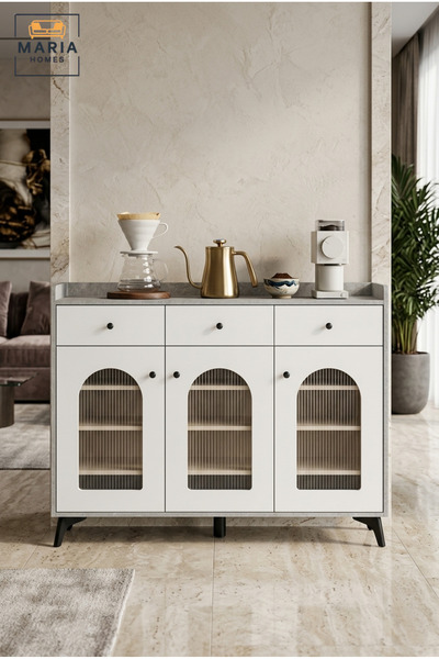 MARIA HOMES Modern Coffee Corner Cabinet 120×35×95 cm with 3 Drawers, Triple ...