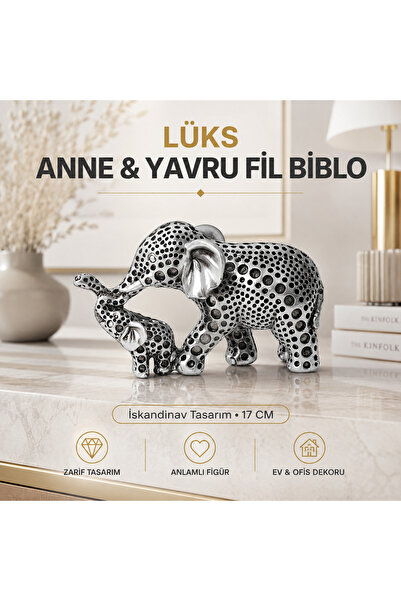 e-life shop Lüks Anne Yavru Fil Biblo 17 cm İskandinav Tasarım Dekoratif Heyk...