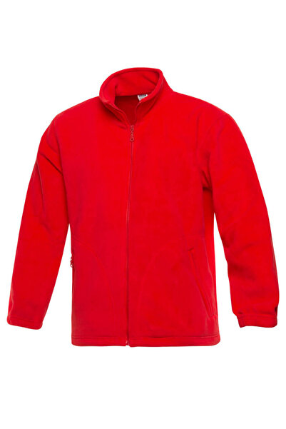 İŞMONT Men's Red Zippered Fleece Coat with Pockets, Adjustable Drawstring Det...