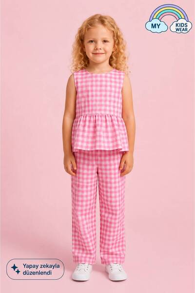 My Kids Wear Girl's Gingham Peplum Blouse and Pants Set 12689