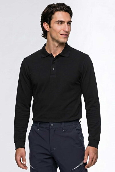 RELAXIA Men's Black Long Sleeve Polo Collar T-Shirt 100% Cotton Ribbed Regula...