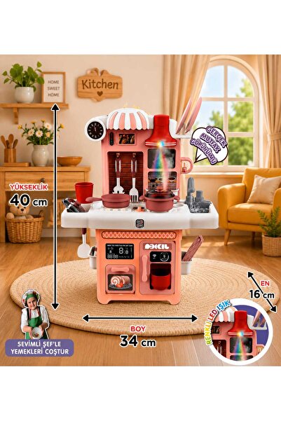 Brother Toys Büyük Boy Buhar Çıkaran Musluktan Su Akan Sesli Işıklı Müzikli Mutfak Seti 40 Cm.
