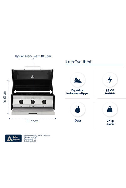 Aygaz Cadac Meridian 3B Ankastre Gazlı Barbekü - 3 Brülörlü Dış Mekan Barbekü...