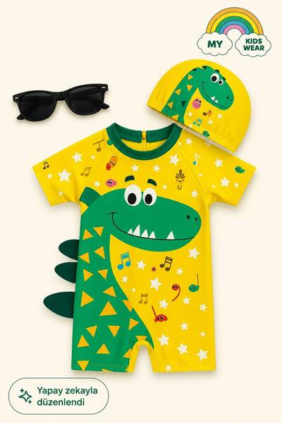 My Kids Wear Children's Patterned Swimsuit Set - Set of 2 with Swimming Cap a...