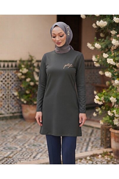 Plistre 1451 Model Embroidered Khaki Hijab Tunic - Basic Series