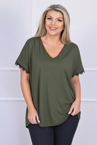Barato Plus Size V-Neck Cotton Blouse with Lace Detail on Sleeves