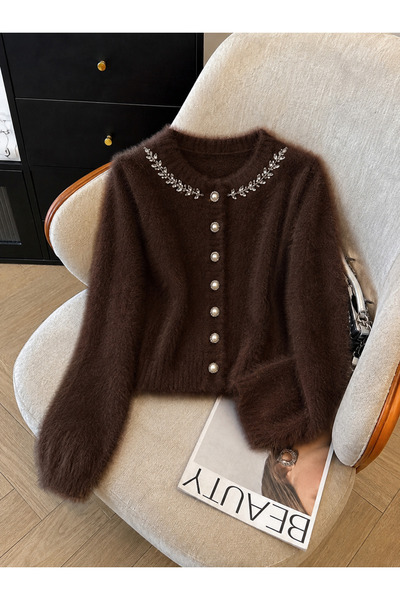 Elysira Women's Collar with Stone Detail, Plush Look Knitwear Basic Cardigan