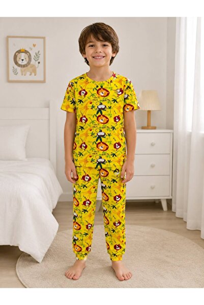elmas kids Boys' 100% Cotton Yellow Safari Patterned Short Sleeve Summer Paja...