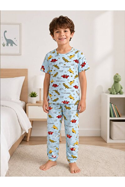 elmas kids Boys' 100% Cotton Fabric Light Blue Dinosaurs Pattern Short Sleeve...