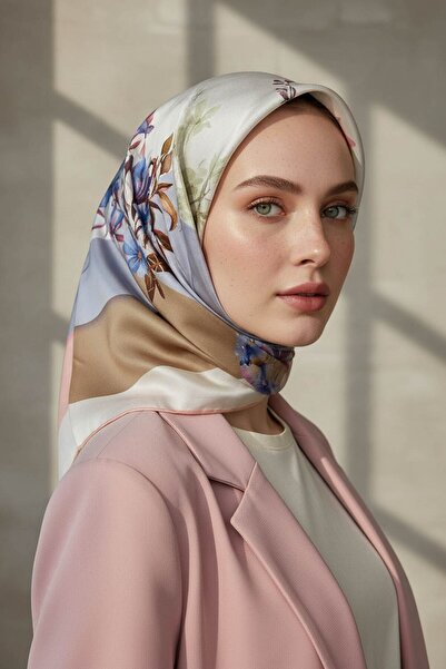 Vissona Baby Blue Colored 100% Twill Silk - Checkered and Crispy Floral Print...