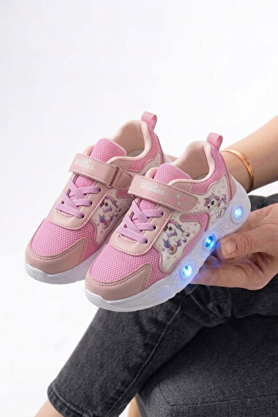 AlbiShoes Kız Çocuk Işıklı Rahat Hafif Mevsimlik Cilt Okul Günlük Sneaker Spo...