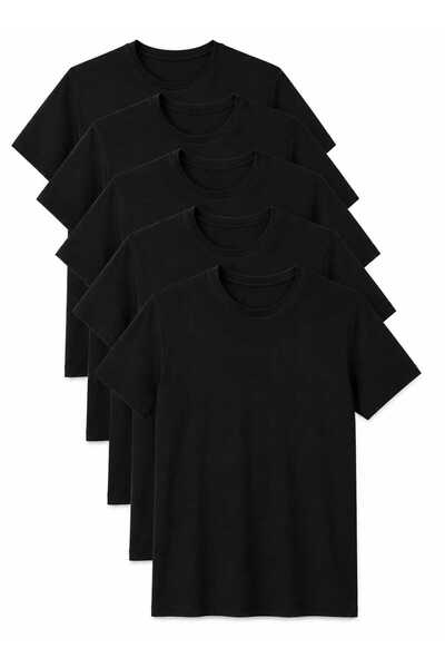 Nacar Moda Erkek Düz Renk 5'li Paket Siyah T-shirt