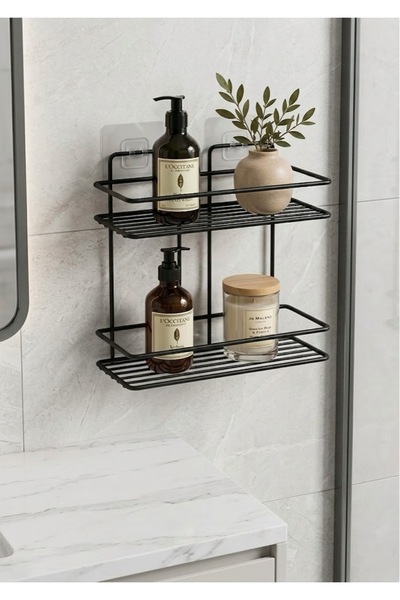 BEYZANA 2 Raflı Set Yapışkanlı Paslanmaz Banyo Rafı Mat Siyah Banyo Şampuanlı...
