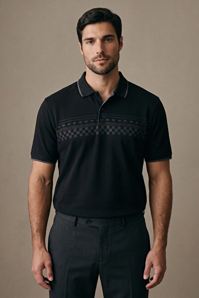 Maccali Men's Short Sleeve Patterned Black Polo Neck T-Shirt