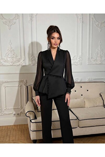 1Moda1Tarz Women's Imported Fabric Pleated Pearl Embroidered Sleeve Button De...